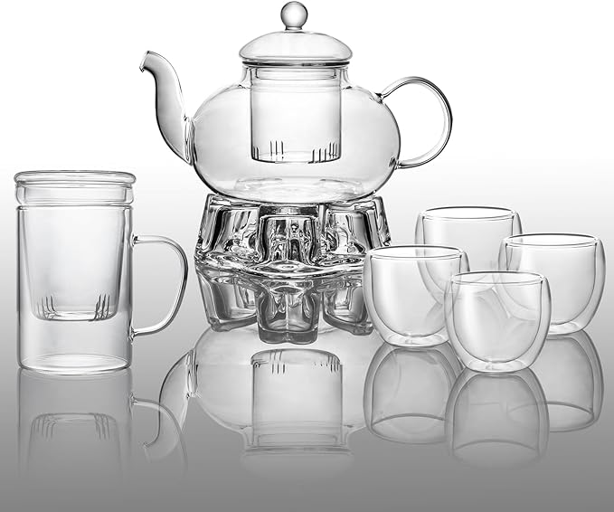2-IN-1 Glass Tea Sets for Adults - Includes Glass Teapot and Mug with Infuser, Warmer Base, 4 Double Wall Glass Tea Cup - for Both Personal and Gathering Tea Time, Gifts for Tea Lovers