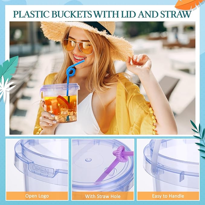 Funnymoom 32 Pack 32 oz Plastic Rum Buckets for Drinks with Straws Ice Cream Cocktail Bucket with Lids and Handles Reusable Food Containers Cup for Parties Summer Beach Bar Beer (Muticolor)