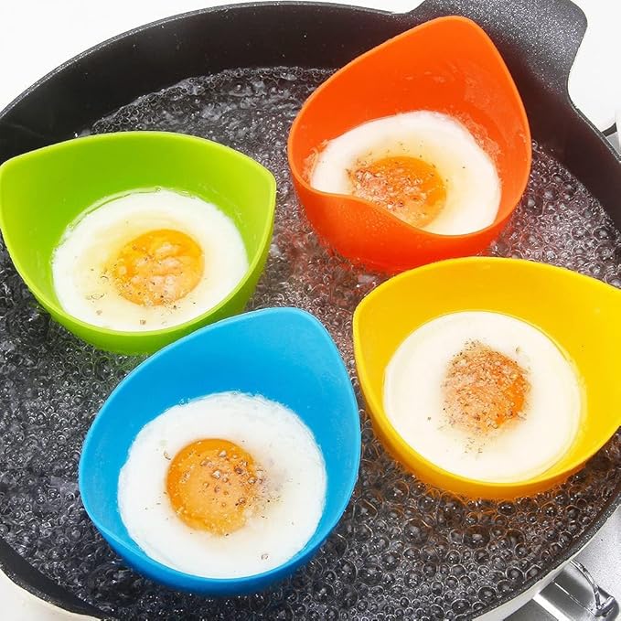 4 Pcs Silicone Egg Poacher Cups, Poached Egg Cooker with Ring Standers for Microwave or Stovetop Egg Cooker with Extra Oil Brush