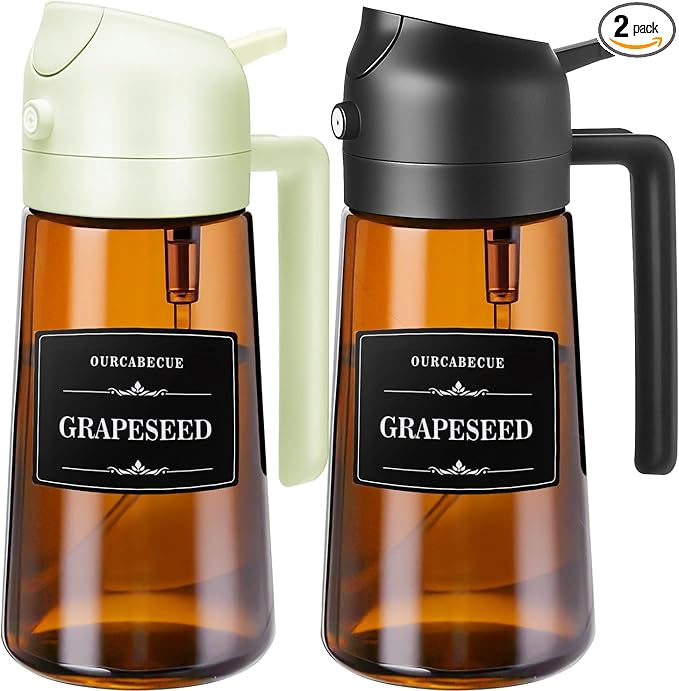 OURCABECUE Kitchen Upgraded Made Oil Sprayer for Cooking, Dark Brown 2 in 1 Spray and Pour Mist Olive Oil Dispenser 16oz 470ml Glass Oil Spray Bottle, Air Fryer (White + Black)