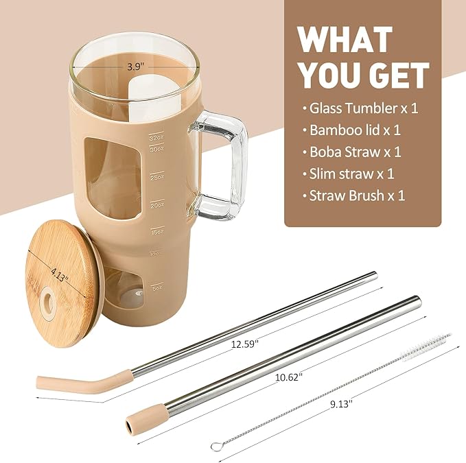 WINSA Glass Tumbler with Lid, 32 oz Glass Cup with Handle, Glass Water Bottles with Time Marker, 2 Straws - Pearl Straw & Silicone Protective Sleeve - Amber