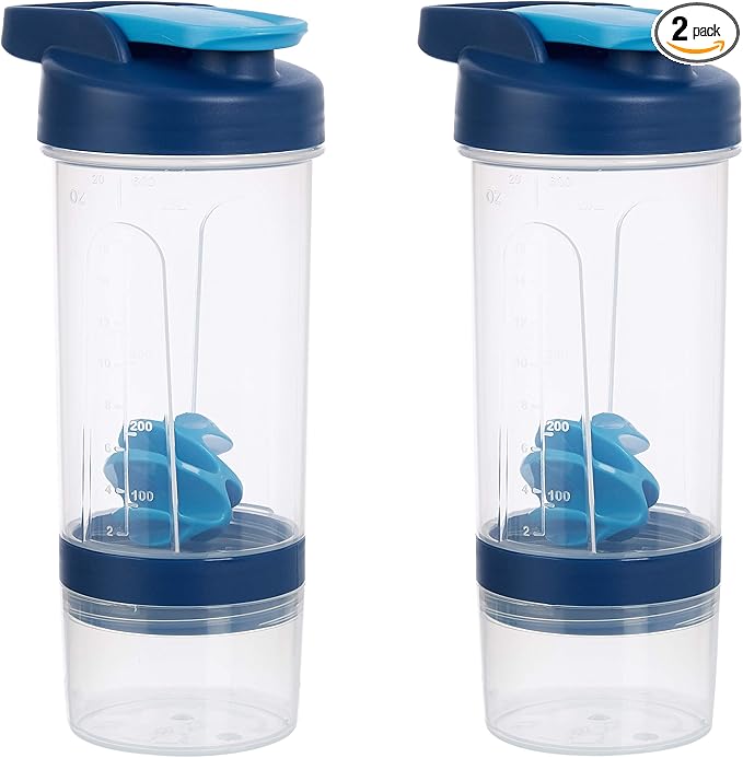 Amazon Basics Leak Proof Protein Shaker Bottle with Mixer Ball and Compartments, Portable, Dishwasher Safe, 20 oz, Blue, 2-Pack