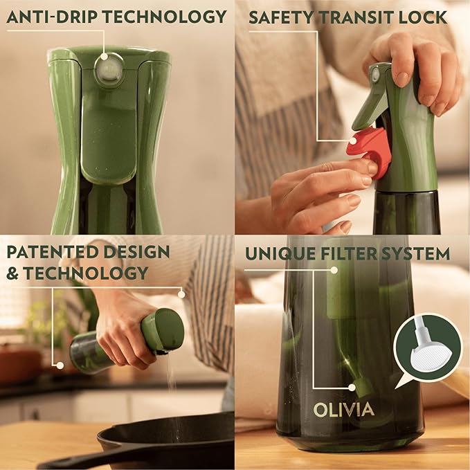 FLAIROSOL OLIVIA Oil Sprayer for Cooking, 200ml Glass Olive Oil Sprayer, Continuous Oil Spray Bottle with Portion Control, Oil Dispenser for Kitchen, Air Fryer, Salad, BBQ (Green Bottle, Gold Print)