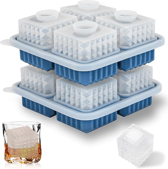2 Pack Whiskey Ice Cubes Mold,Silicone Ice Cube Trays with Lid,2-Inch,Diamond Textured Large Square Ice Cube Mold,Bourbon Ice Cube Molds,Ice Trays-Ice Molds for Whiskey,Cocktails,Blue