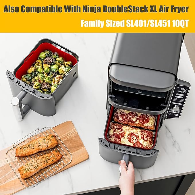 Air Fryer Silicone Liners 10 Quart for Ninja DZ550GY DZ550/DZ401/DZ302 Foodi DualZone XL 2-Basket,MMH 2PCs Reusable Rectangle Baking Tray Replacement Accessories for Ninja/Cosori 9-10QT Airfryer,Red