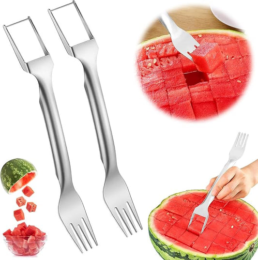Watermelon Cutter Slicer Fruit Tool - 2-in-1 Stainless Steel Watermelon Cube Cutter, Melon Fork Slicer, Dual Head Watermelon Cuber Cutting Tool Knife (2 PCS)