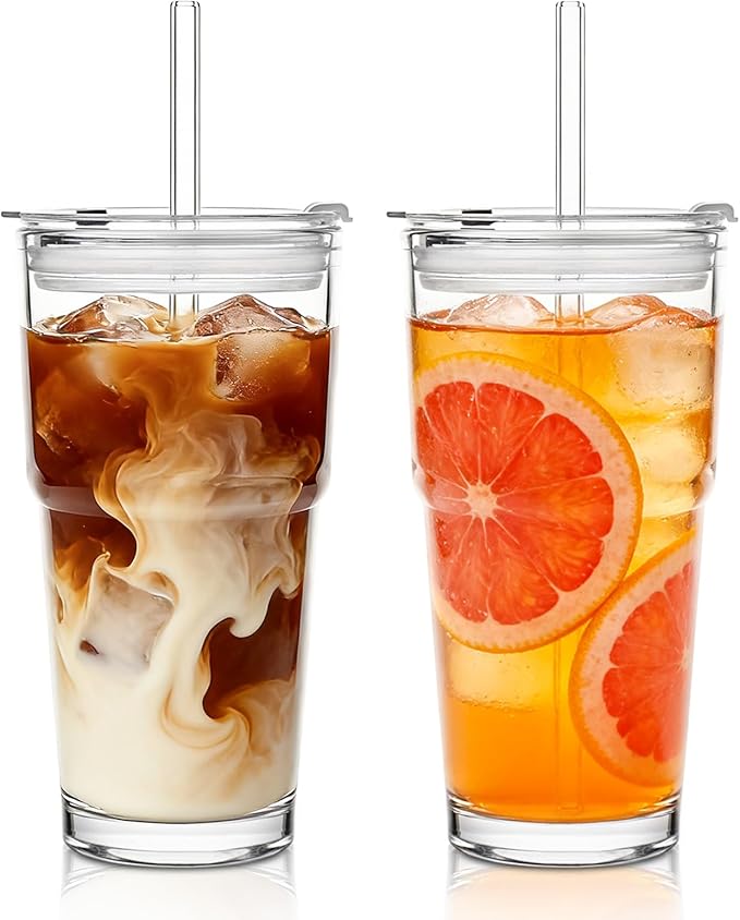 SoulTimes 20oz Glass Tumbler with Lid and Glass Straw –Set of 2, Clear Reusable Iced Coffee Cup, Drinking Glass for Coffee, Tea, Juice, Smoothies – Durable & Elegant Glassware
