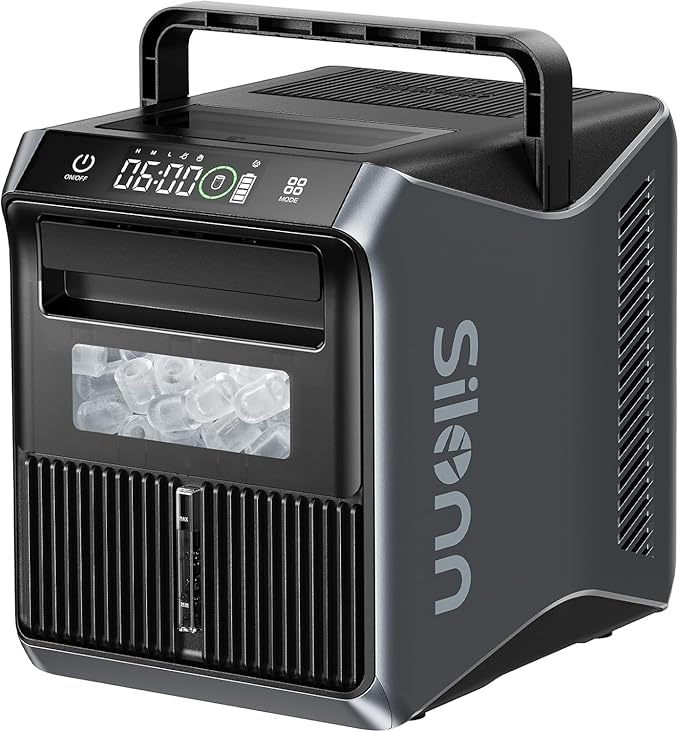 Silonn Portable 4-Power Ice Maker - 9 Cubes in 6 Mins, 22lbs/Day | 12V/24V Car & 100-240V AC Solar-Ready, Auto-Clean Countertop Ice Machine for Camping, RV, Home & Outdoor (No Plumbing Needed)