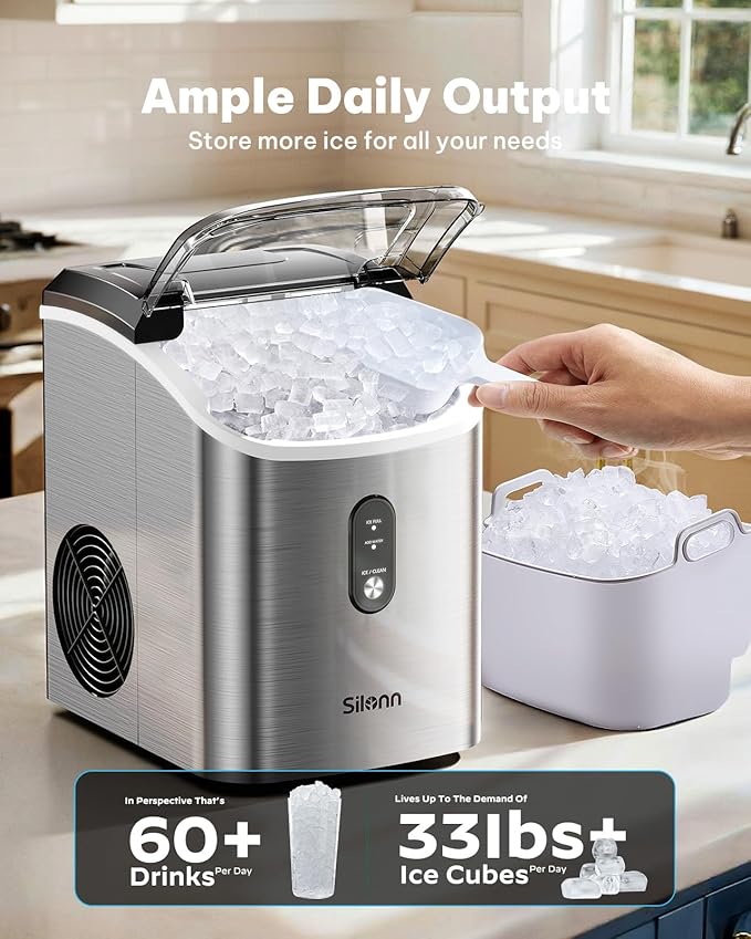 Silonn Nugget Ice Maker Countertop, Pellet Ice Machine with Self-Cleaning Function, Sonic Ice Maker Produces 33lbs of Chewable Ice in 24 Hours, Ideal for Home Kitchen and Office (Stainless Steel-17T)