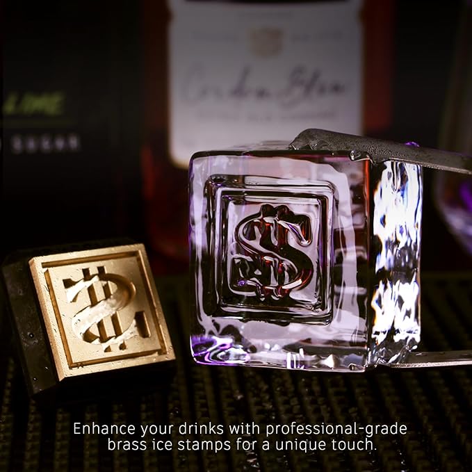 Square Ice Stamp Ring – 3 mm Brass Personalized Cube & Sphere Press, Ready-to-Gift Clear Acrylic Christmas Box, Custom Letter/Pattern Imprint for Whiskey & Cocktails (Letter B)