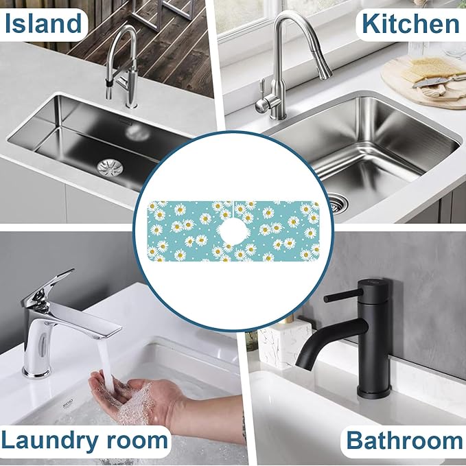 Cute Daisy Sink Faucet Absorbing Mat White Daisies Super Absorbent Fast Drying Mat Sink Gadgets Behind Faucet Sinkmat for Kitchen Bathroom, 15.5"x5.5"