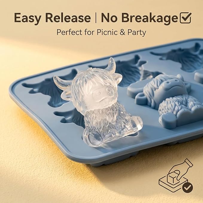 Mini Highland Cow Ice Cube Mold, Highland Cow Ice Cube Tray, 3D Cute Cattle Silicone Ice Cube Trays for Whiskey Cocktails Beer Coffee & Drinks Party, Reusable Animal Ice Cube Tray (6-Cavity)