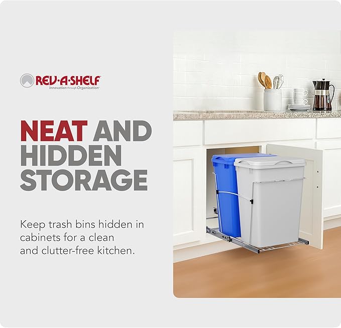 Rev-A-Shelf RV-18KD-11RC-S Double Pullout Trash Can for Kitchen Cabinets 35 Qt Garbage Recycling Bin on Full Extension Slide, Blue/White