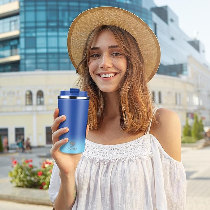 Insulated Travel Coffee Mug Reusable Coffee Tumbler Cup with Flip Lid Leak Proof Spill Proof for Office School Party Camping Hot and Cold Drink,Stainless Steel 17oz (Blue)