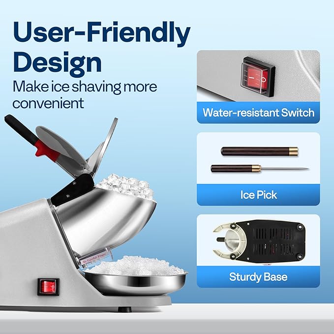VIVOHOME Electric Ice Crusher Shaver 4 Blades Snow Cone Maker Machine Silver 210lbs/hr with Ice Pick for Home and Commercial Use