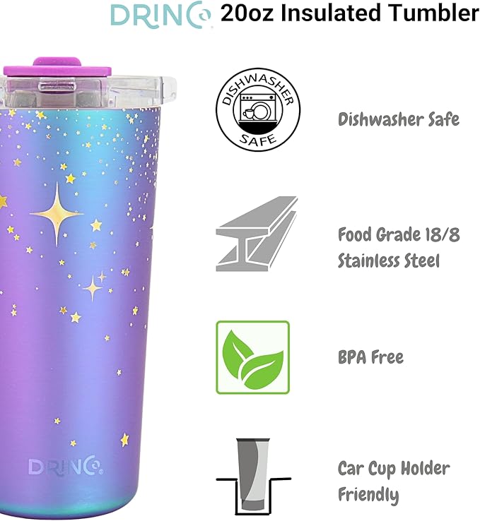 Drinco - 20 oz Stainless Steel Tumbler | Double Walled Vacuum Insulated Mug With Lid, 2 Straws, For Hot & Cold Drinks (20oz North Star)