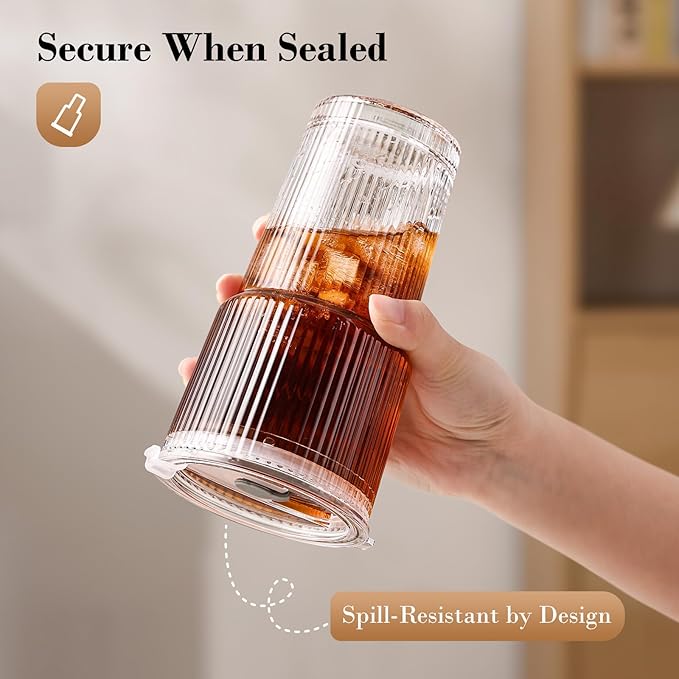 GOSCHE 20oz Glass Tumblers with Straws and Lids, Ribbed Iced Coffee Cups Leak-proof, Dishwasher Safe, Thickened Glass Cups with Lids Ideal for Coffee and Travel, Clear, 4 Pack