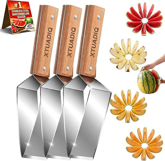 Stainless Steel Watermelon Slicer, 2026 New Triangle Watermelon Cutter, Stainless Steel with Wooden Handle for A Wide Variety Watermelon, Cantaloupe, Honeydew, Apples, and More (3pcs)