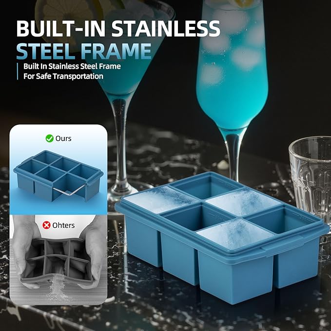 Large Ice Cube Trays for Whiskey (2 Pack) - Silicone Ice Cube Molds with Steel Frame Reinforcement & Lid, 2-Inch Square Ice Cubes for Whisky, Cocktails, Coffee, Tea - Easy Release