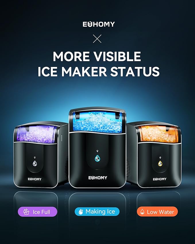 EUHOMY Smart Nugget Ice Maker Countertop, Sonic Ice Maker Machine with APP Control, Ready in 7 Mins, 40lbs/24H, Self-Cleaning, Portable Pebble Ice Makers with Hanging Ice Scoop for Home/Kitchen/Office