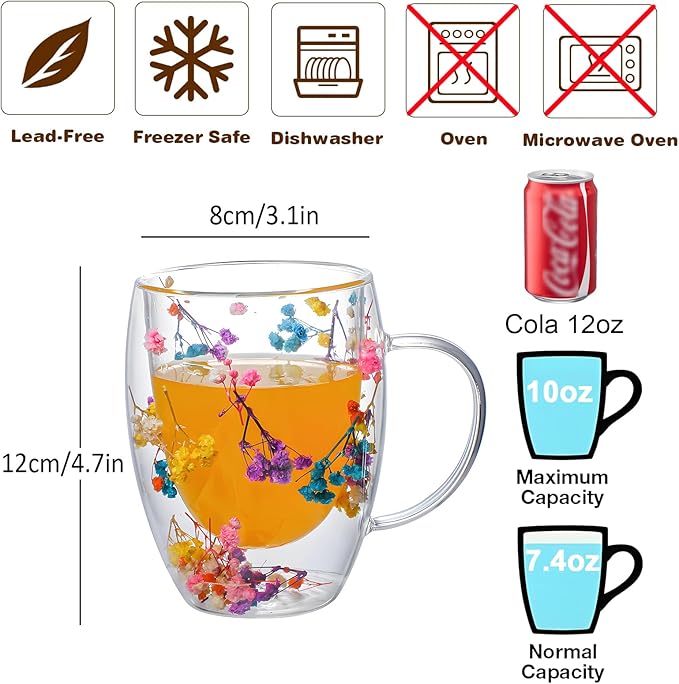 Double Walled Clear Glass Espresso Cups with Handle Cute Floral Latte Coffee Mugs for Women Unique Tea Mug Cappuccino Cups
