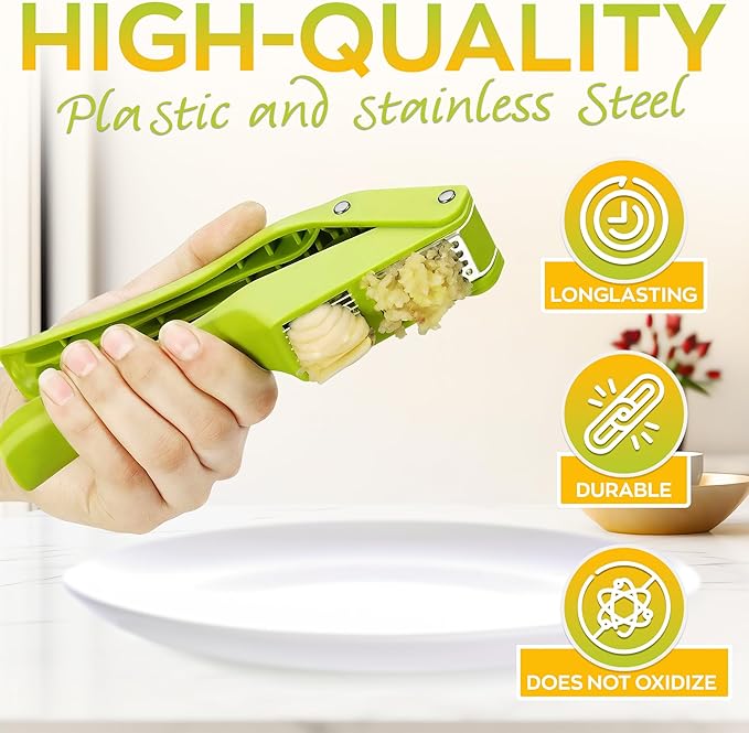 2 in 1 Garlic Slicer and Mincer - Multipurpose Garlic Press and Slicer, Stainless Steel and Durable Plastic, 7.6 x 1.7 x 2.5" Convenient Size, Easy to Use and Clean, Good for Home and Commercial Use