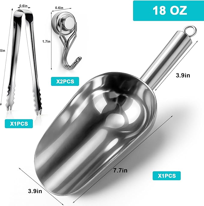 Stainless Steel Ice Scoop for Freezer with Magnetic Hook - Ice Scoop for GE Profile Opal 2.0 Nugget Ice Maker, for Kitchen Bar Party Accessories (18OZ-Silver)
