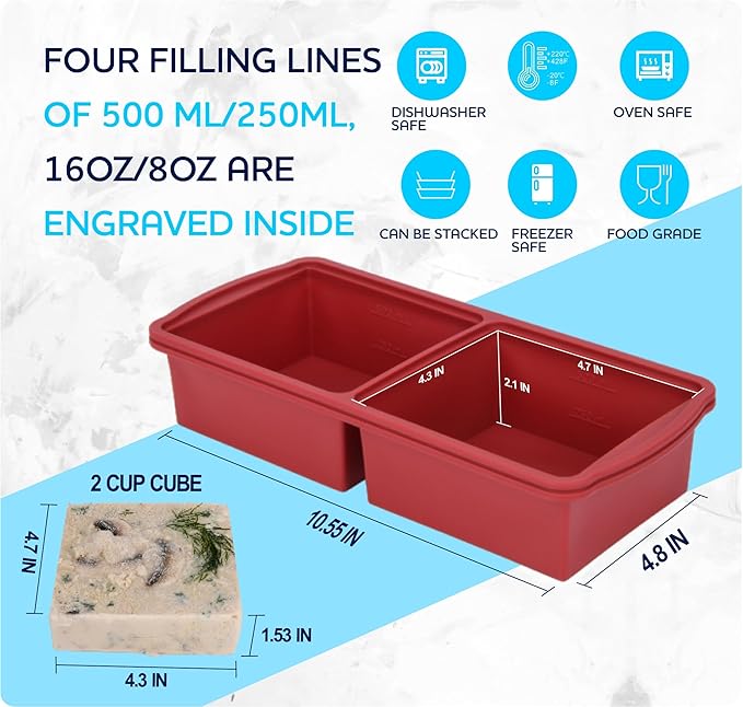 ZIP STANDING Silicone Freezer Trays with Lid,2-cup Soup Freezer Container large Ice Cube Molds with Reinforced Steel Ring Top for freezing Soup Sauce Broth Leftovers oven Dishwasher -Safe (red)