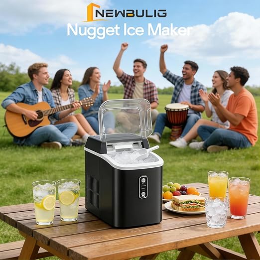 NEWBULIG Nugget Ice Makers Countertop, Portable Nugget Ice Machine, Ready in 6 Mins, 24lbs in 24Hrs, Auto-Cleaning, with Basket and Scoop, for Home, Kitchen, RV, Camping, Black