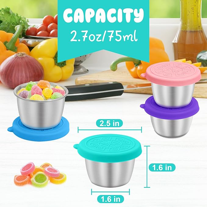LIEMAND 6x2.7 oz Salad Dressing Container to Go, Leakproof Reusable Stainless Steel small container with lid,Sauce Containers for Lunch box,Picnics,Travel,Office and Meal Prep