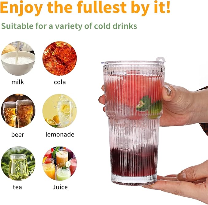 Glass Cups with Lids and Straws – 20oz Glass Tumbler with Straw and Lid, Reusable Iced Coffee Cup, Smoothie & Tea Glass, Ideal for Home, Office, Travel, 4 Pack