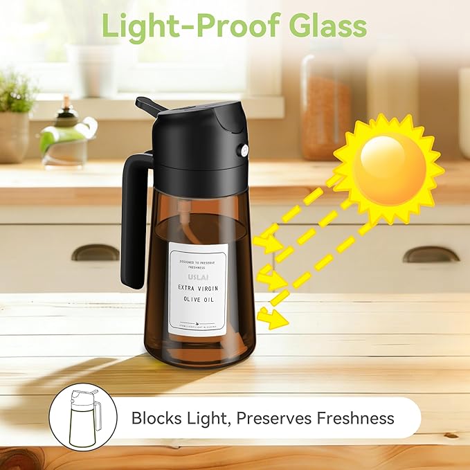 USLAI Oil Sprayer for Cooking, 16oz/470ml 2 in 1 Glass Olive Oil Dispenser Bottle for Kitchen, Air Fryer, BBQ and Salad - Brown
