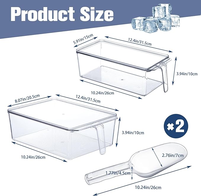 Havawish 4 Pcs Ice Storage Bin for Freezer with Lid and Flexible Scoop Set Plastic Ice Container with Lid Handle for Home Office Fridge Storage (12.4 x 8.07,12.4 x 5.91 Inches,Clear)