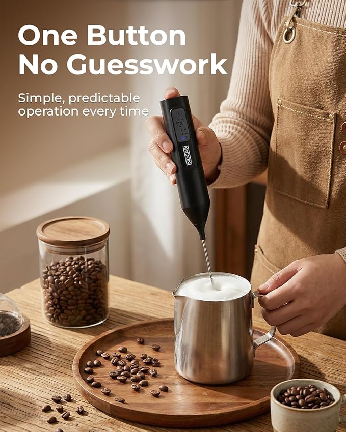 INDCAN Rechargeable Milk Frother Handheld, Electric Coffee Frother Wand with Stainless Steel Stand, 3-Speed Foam Maker with 2 Whisks, USB-C Drink Mixer for Latte, Cappuccino, Matcha (Elite, Black)