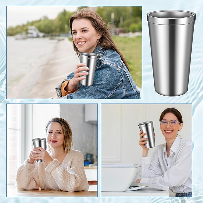 JJUNW 6 Pack Stainless Steel Cup 16 oz, Stackable Double Wall Vacuum Insulated Metal Drinking Glasses Reusable for Bbq Home Office Party Coffee