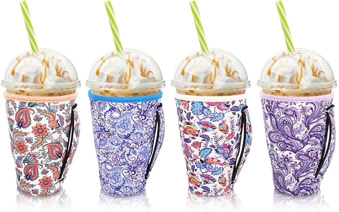 4Pack Reusable Iced Coffee Sleeve Insulator Sleeves for Cold Drinks Beverages, Neoprene Cup Holder for Most Coffee, Fits 30-32oz Large Cups (Paisley)
