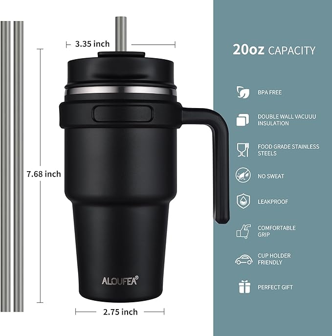 ALOUFEA 20 oz Insulated Coffee Mug Tumbler with Handle, Stainless Steel Travel Mug Tumbler with Lid and Straw,Double Wall Vacuum Leak Proof Ice Coffee Thermal Cup, Lavender