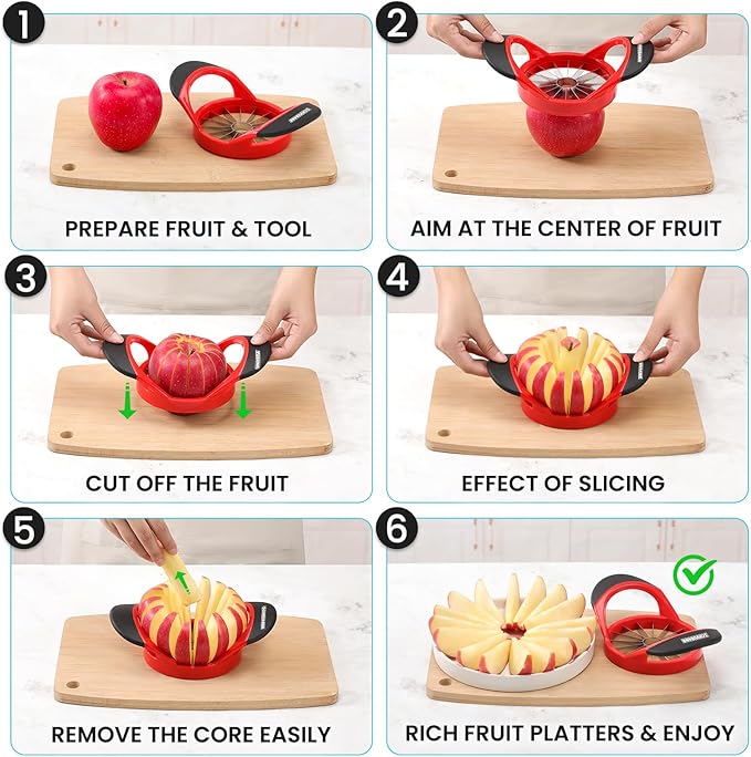 SCHVUBENR 16-Blade Apple Slicer and Corer - 4.72 Inch Sharp Stainless Steel Apple Cutter - Professional Apple Divider Tool for Quick Slices - Easy to Use & Clean - Slice Fruits with Ease - Red