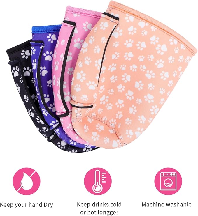 4Pack Reusable Iced Coffee Sleeve Insulator Sleeves for Cold Drinks Beverages, Neoprene Cup Holder for Most Coffee, Fits 22-24oz Medium Cups (Paw with handle)