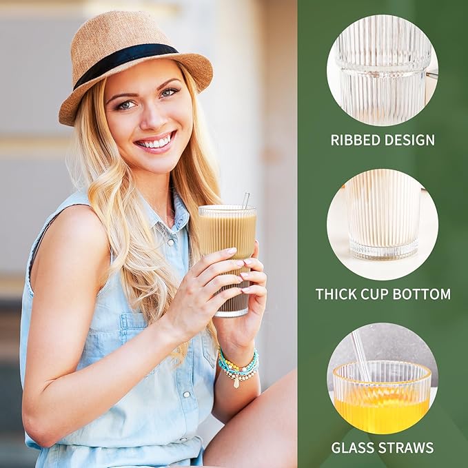 CWHHRN 20 oz Glass Cups and Straw 2 Set, Glass Tumbler with Straw, Vintage Glassware for Whiskey Cocktail Beer, Iced Coffee Cups (2 PACK)