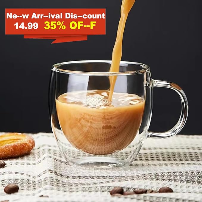 Mfacoy Double Wall Insulated Glasses Espresso Cups Set of 4 (50% Thicker), 5 oz Clear Coffee Cups with Handle, Shot Glasses, Suit for Espresso Machine, Latte, Cappuccino, Glass Coffee Mugs