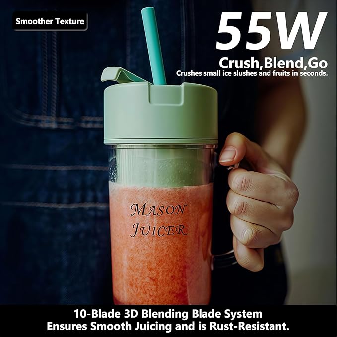 Personal Portable Blender for Fruits, USB Rechargeable Smoothie Maker with Stainless Steel Blades, Compact Shake Blender for Travel, Gym, Home (Green)