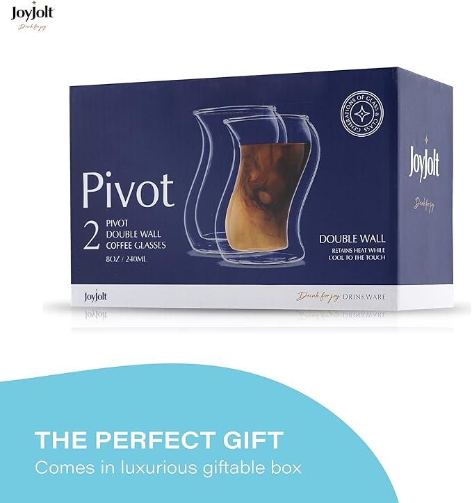 JoyJolt Pivot Double Insulated Cocktail Glasses - Set of 2 Unique 8 oz Double Wall Tumbler - Engaging Optical Effect Double Wall Glass - Suitable for Tea, Cappuccino, Coffee, or Iced Beverages