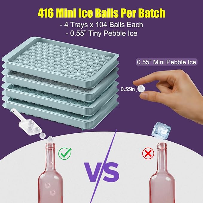 0.55in Mini Ice Cube Trays - Tiny Pebble Ice for Iced Coffee & Cocktails - Fast Chill, Easy Twist Release - Stackable with Lid, Storage Bin, Tongs, 2 Straws (4 pack, Blue)