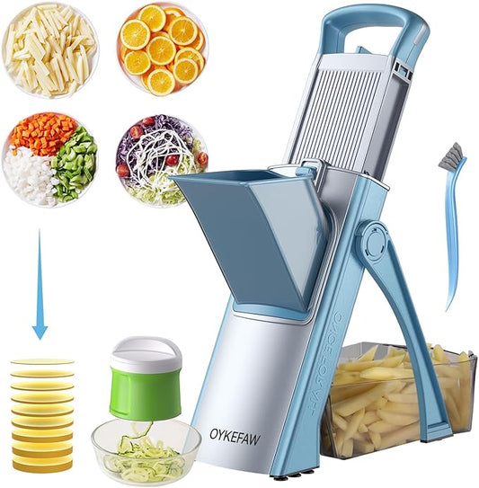 Safe Mandoline Slicer for Kitchen, 6 in 1 Vegetable Chopper, French Fry Cutter For Potatoes, Potato Slicer,Food Chopper,Adjustable Thickness 0.1-8 mm, With Peeler/Cleaning Brush (Blue+green)