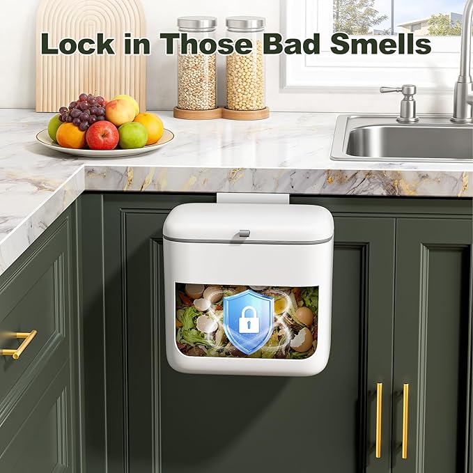 CTIME Compost Bin Kitchen 2.6 Gallon, Hanging Small Compost Bin for Countertop or Under Sink, Indoor Food Waste Bin for Kitchens Bathrooms Living Rooms RVs Bedroom