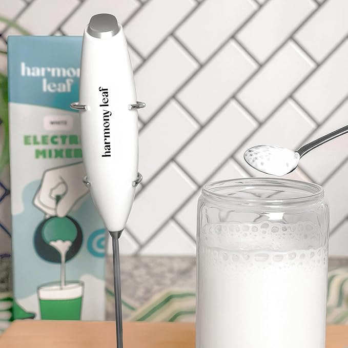 Harmony Leaf Handheld Milk Frother, Stainless Steel Electric Drink Mixer with Stand, Battery Operated Coffee Frother for Lattes, Matcha, Hot Chocolate and More, White