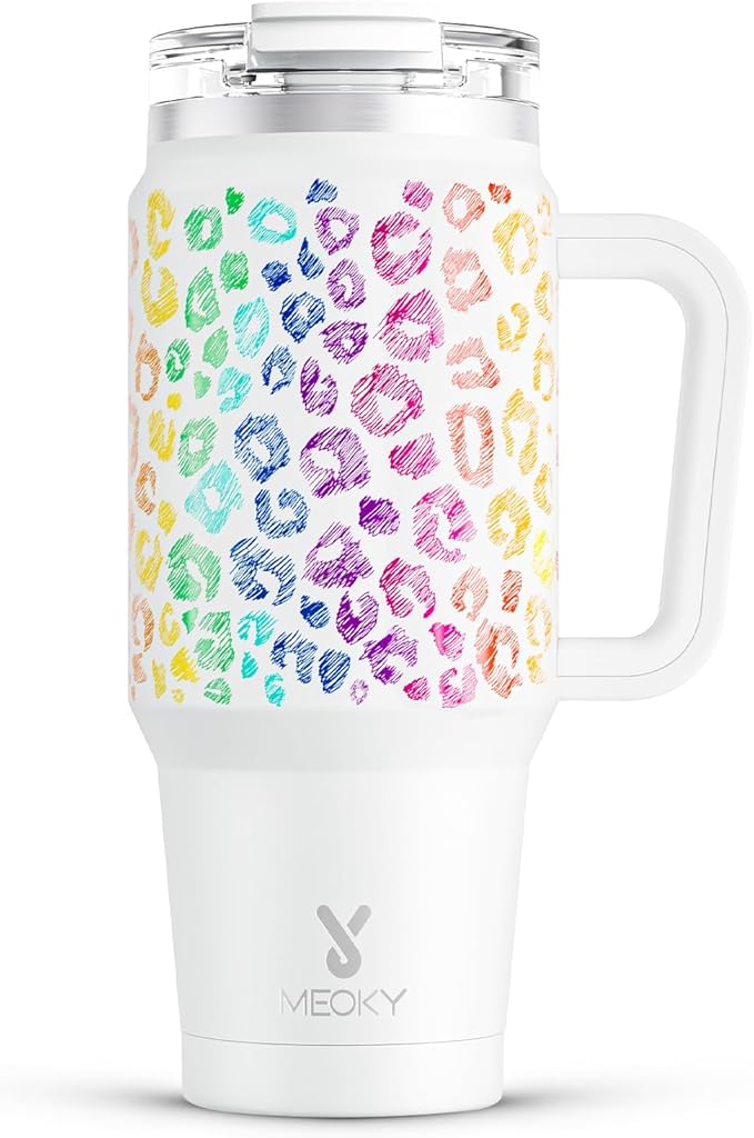 Meoky 32 oz Tumbler with Handle, Insulated Tumbler with Lid and Straw, Stainless Steel Travel Mug, Keeps Cold for 24 Hours, 100% Leak Proof, Fits in Car Cup Holder (Kiss)