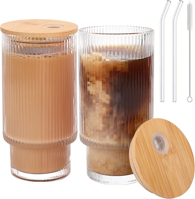 Glass Cups with Bamboo Lids and Straws - 16 oz Reusable Iced Coffee Cups, Vintage Ribbed Drinking Glasses, To Go Tumbler for Juice, Beer, Coffee, Milk, Cocktail, Water (2 Pack)
