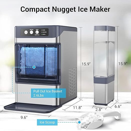 Countertop Nugget Ice Maker with Water Tank, 40 lbs/24H, 5-8min Ready, Self-Cleaning, Chewable Pellet Ice, Stainless Steel Counter Table Ice Machine for Home, Office, RV, Camping